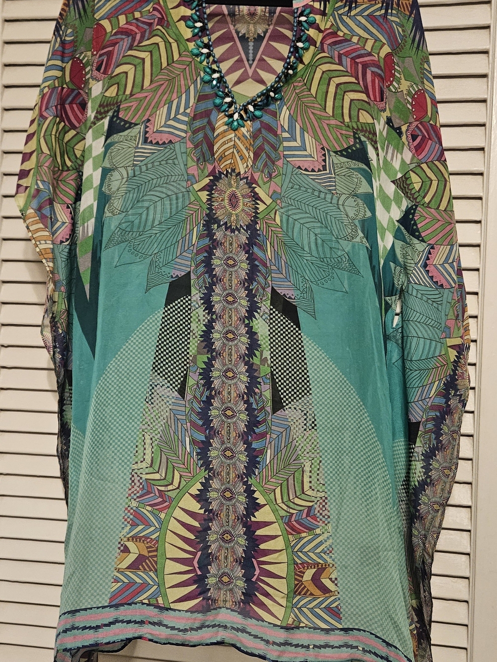Hale Bob Teal Multicolor Printed Tunic with Beaded Neckline